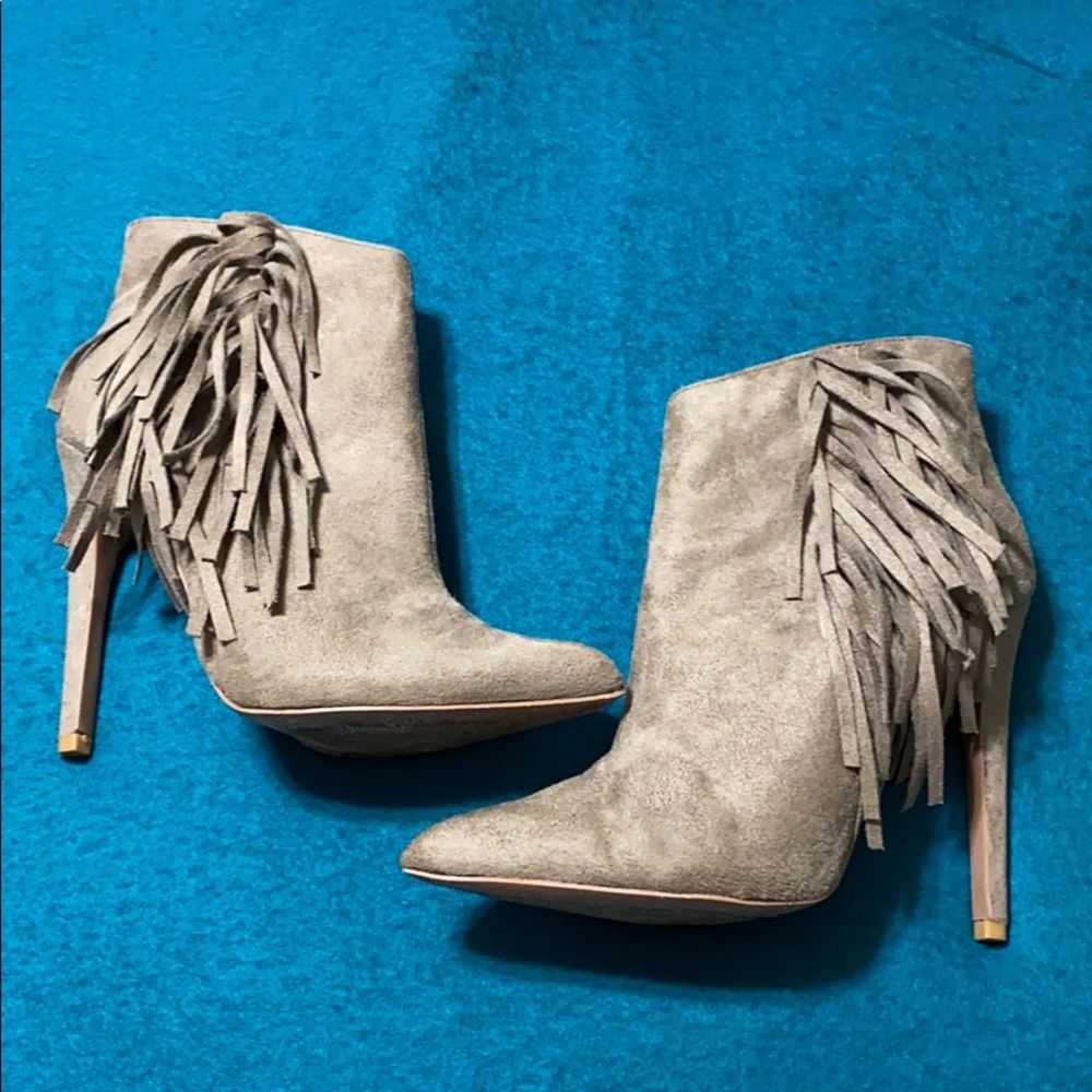 Tan fringe booties